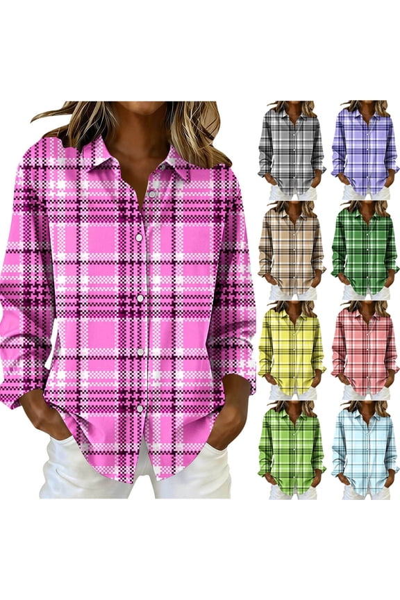 Womens Topss Plaid Print Breasted Long Sleeve Spring Summer Casual Shirt