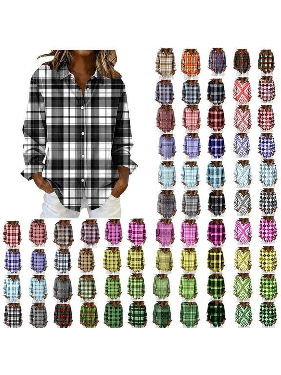 Womens Tops Plaid Print Breasted Long Sleeve Spring Summer Casual Shirt