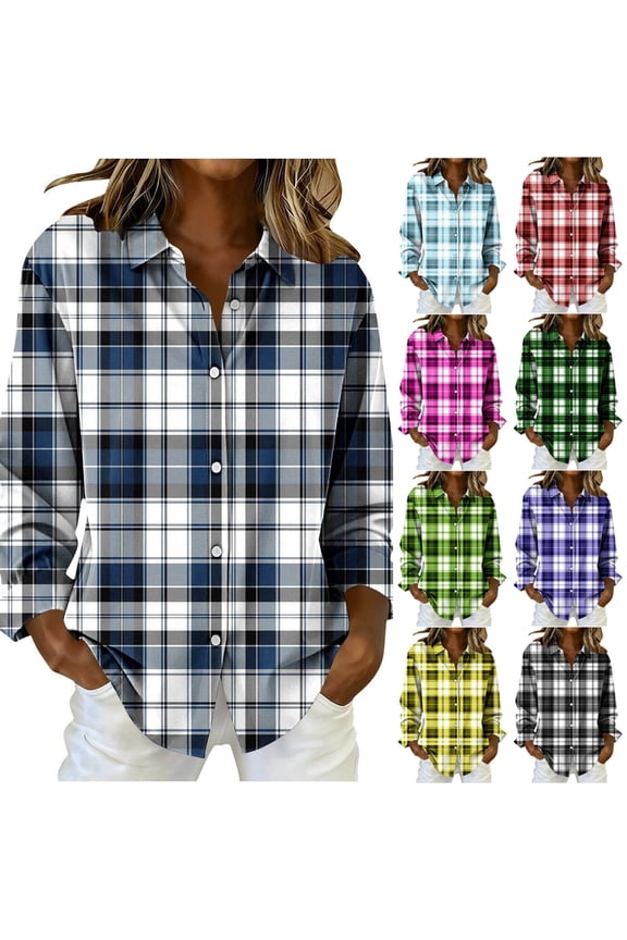Womens Topss Plaid Print Breasted Long Sleeve Spring Summer Casual Shirt