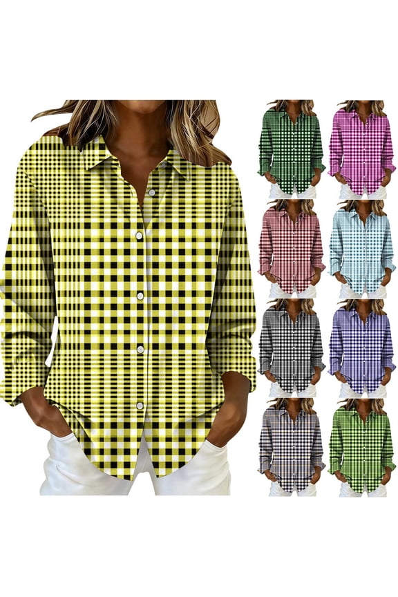 Womens Topss Plaid Print Breasted Long Sleeve Spring Summer Casual Shirt
