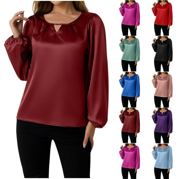 YHAJDS Womens Topss Solid Color Long Sleeve V Neck Satin Texture Pleated Detail Blouse