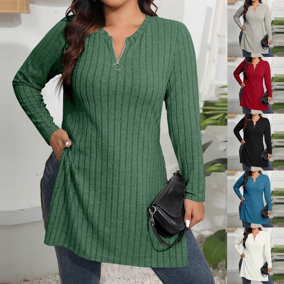 YHAJDS Womens Topss Solid Color V Neck Long Sleeve Half Zip Side Slit Casual Pullover