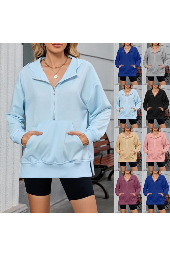 Womens Winter Loose Sweatshirt Pocket Tops Long Sleeve Hooded Blouse Sweatshirt for Womens Long Sleeve Tops Ladies Solid Color Half Zip Pocket Hem Split Hooded Sweatshirt For Fall And Winter