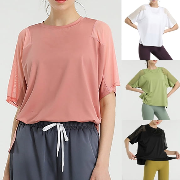 YHAJDS Workout Top Women Dry Round Neck Mesh Panel Short Sleeve Yoga T Shirt
