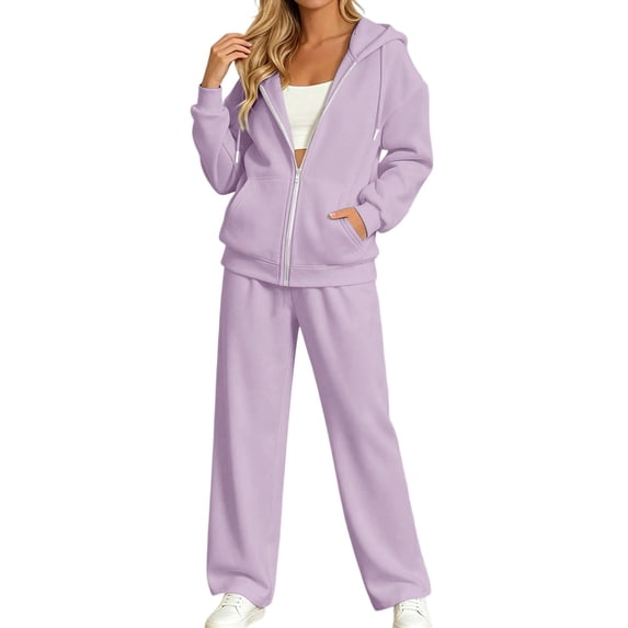 YHCY 2 Piece Zip Up Sweatsuits for Women Basic Long Sleeve Hooded Sweatshirt Long Straight Wide Leg Sweatpant Casual Comfy Soft Suits Plus Size Fall Trendy Sets Travel Tracksuits Light Violet Xxl