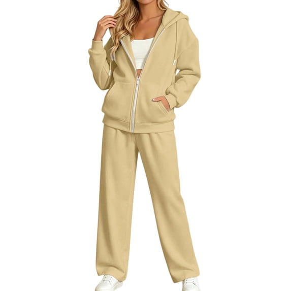 YHCY 2 Piece Zip Up Sweatsuits for Women Basic Long Sleeve Hooded Sweatshirt Long Straight Wide Leg Sweatpant Casual Comfy Soft Suits Plus Size Fall Trendy Sets Lounge Travel Tracksuits Beige 3Xl