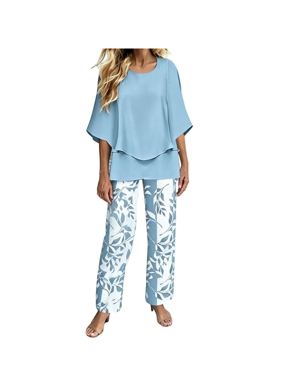 2PC Womens Trendy Boho Floral Print Travel Sets 3/4 Flare Sleeve Crewneck Top Matching Straight Wide Leg Pant Set Relaxed Fit Comfy Loose Soft Pantsuits Airport Vacation Outfit Light Blue Xs