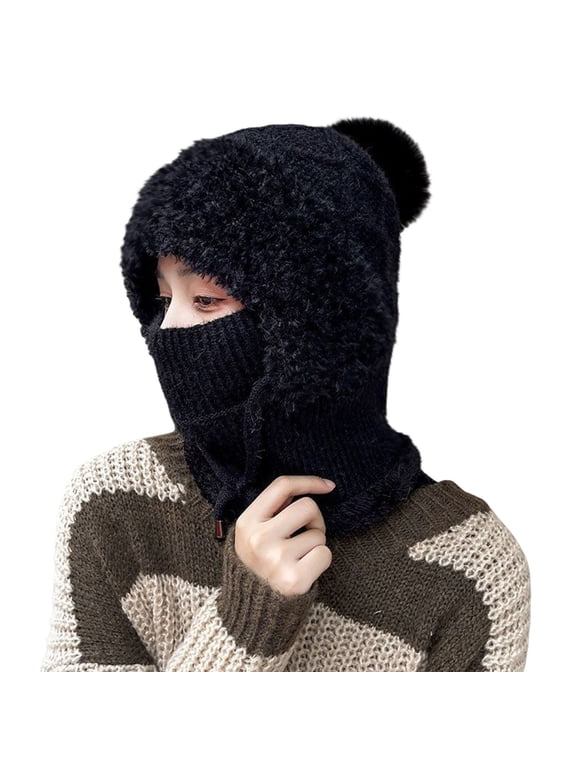 3 In 1 Beanie Hat with Scarf and Mask for Women Cable Knit Thick Warm Pompom Balaclava Winter Warm Fuzzy Knitted Ski Scarf Hat One Piece Fall Winter Thermal Balaclava Hat Dark Blue One Size