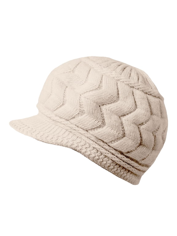 Elegant Visor Cable Knit Beanie for Women Roomy Fit Thick Warm Furry Fall Winter Trendy Headwear Casual Soft Large Size Newsboy Cap Comfy Cozy Crochet Knit Hat Lounge Travel Hat Beige One Size