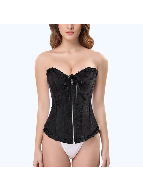 Gothic Tight Bustier Corset for Women Basic Bridal Zip Up Strapless Overbust Corset Front Busk Wide Waist er Boned Shapewear Victorian Renaissance Halloween Costume Black M