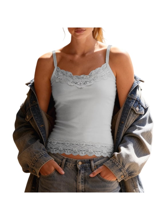Lace Cami Tank Top for Women Spaghetti Strap V Neck Lacy Trim Crop Camisole Stretchy Soft Slim Fit Low Cut Camisole Shirts Comfy Soft Backless Tank Tops Going Out Clothes Grey Xxl