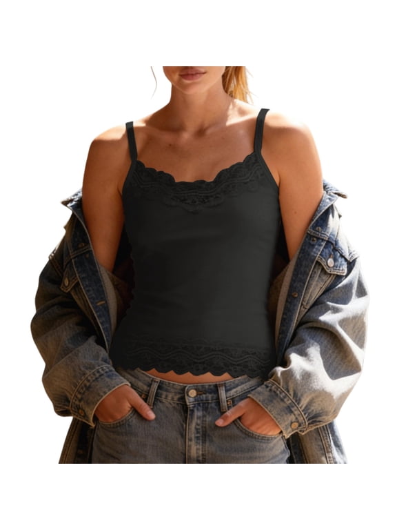 Lace Cami Tank Top for Women Spaghetti Strap V Neck Lacy Trim Crop Camisole Stretchy Soft Slim Fit Low Cut Camisole Shirts Comfy Soft Backless Tank Tops Going Out Clothes Black Xl