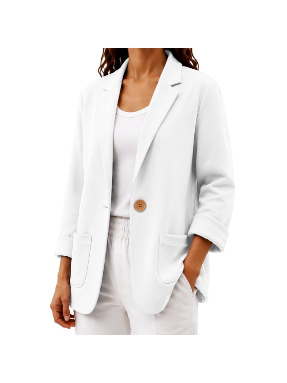 Suit Jackets for Women Basic Long Sleeves office Professional Blazer Notched Lapel Suit Jackets with Pockets Plus Size Loose Fit Blazer Jacket Button Down Fall Winter Blazer White S
