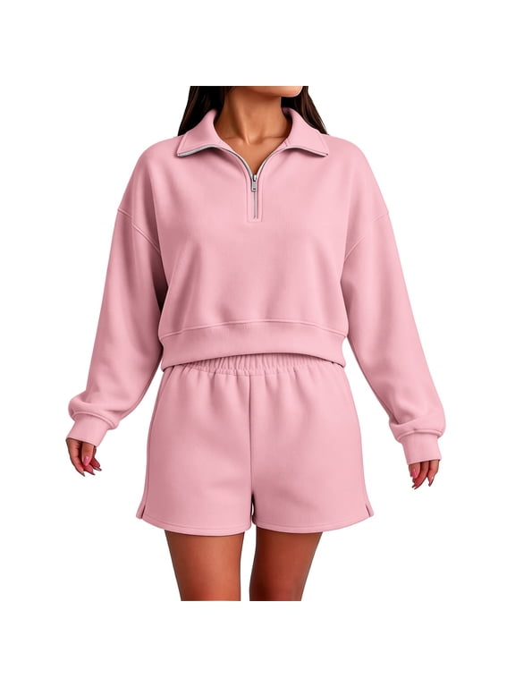 Women 2 Piece Sweatsuit Shorts Set Long Sleeve Cropped Sweater Elastic Waisted Wide Leg Shorts Lounge Casual Soft Suits Comfy Warm Workout Sets Travel Tennis Airport Sweatsuit Pink S