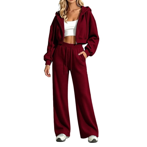YHCY Women 2 Piece Sweatsuits Long Sleeve Zip Up Cropped Hoodie Drawstring Elastic Waisted Wide Leg Sweatpants Dressy Casual Suits Fall Oversized Fashion Sets Workout Tracksuits Wine M