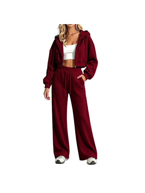 Women 2 Piece Sweatsuits Long Sleeve Zip Up Cropped Hoodie Drawstring Elastic Waisted Wide Leg Sweatpants Dressy Casual Suits Fall Oversized Fashion Sets Workout Tracksuits Wine S