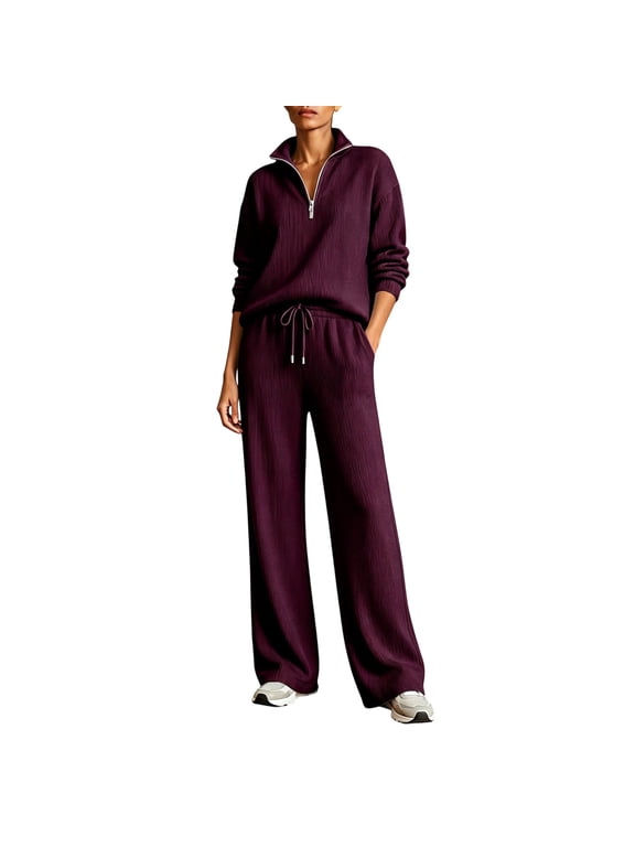 Womens 2 Piece Outfits Lapel Baggy Half Zip V Neck Sweatshirt Drawstring Wide Leg Sweatpant Soft Ribbed Knit Suits Baisc Casual Dressy Sets Business Outdoor Running Sweatsuit Purple M