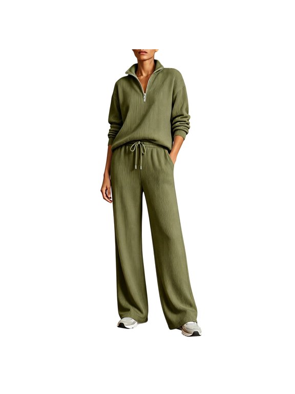 Womens 2 Piece Outfits Lapel Baggy Half Zip V Neck Sweatshirt Drawstring Wide Leg Sweatpant Soft Ribbed Knit Suits Baisc Casual Dressy Sets Business Outdoor Running Sweatsuit Army Green L