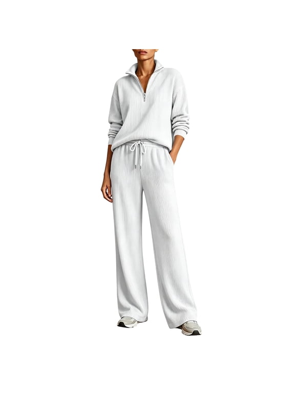 Womens 2 Piece Outfits Lapel Baggy Half Zip V Neck Sweatshirt Drawstring Wide Leg Sweatpant Soft Ribbed Knit Suits Baisc Casual Dressy Sets Business Outdoor Running Sweatsuit White S