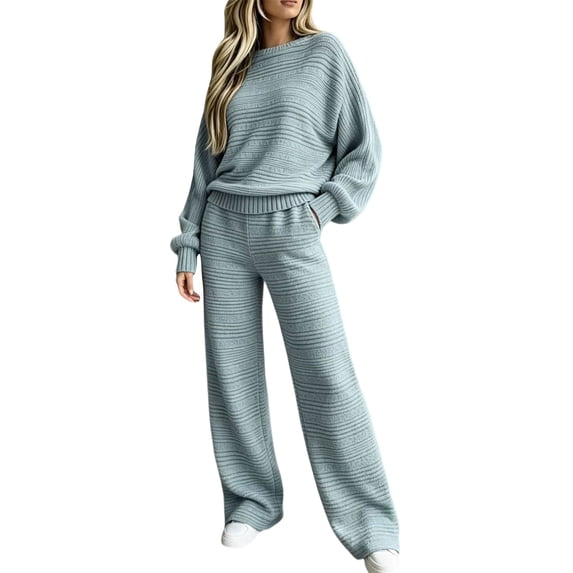 YHCY Womens 2 Piece Ribbed Knit Outfit Long Sleeve Crew Neck Tunic Sweatshirt Basic Straight Wide Leg Sweatpant Lounge Trendy Suits Oversized Dressy Sets Travel Vacation Sweatsuit Light Blue M