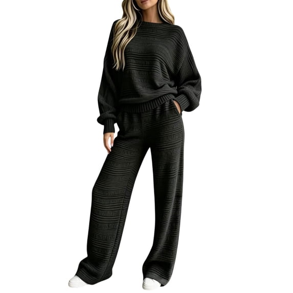 YHCY Womens 2 Piece Ribbed Knit Outfit Long Sleeve Crew Neck Tunic Sweatshirt Basic Straight Wide Leg Sweatpant Lounge Trendy Suits Oversized Dressy Sets Travel Vacation Sweatsuit Black L