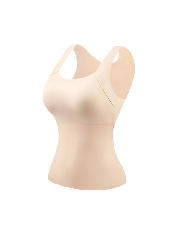 Womens Built In Bra Layer Camisole Seamless Wide Strap Square Neck Padded Tank Top Slim Fit Stretchy Soft Support Shapewear Comfy Thermal Layer Vest Sleeveless Underwear Beige L