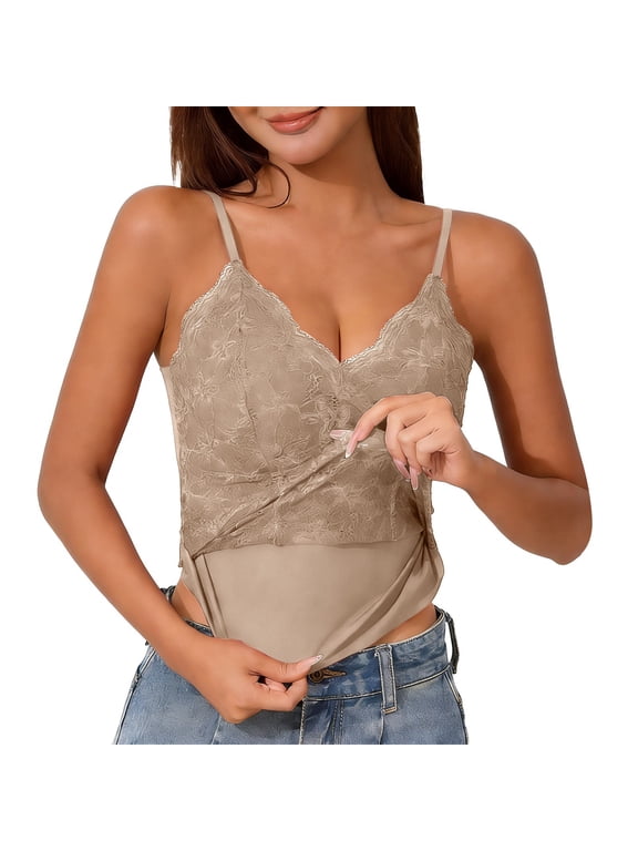 Womens Lace Tank Tops with Built In Bra Spaghetti Strap Sleeveless Layering Undershirts Elegant Double Layer Soft Breatheable Camisole Slim Fit Stretchy Comfy Cozy Undershirts Khaki Xl