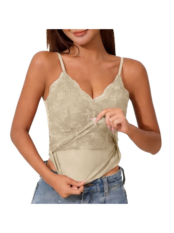 Womens Lace Tank Tops with Built In Bra Spaghetti Strap Sleeveless Layering Undershirts Elegant Double Layer Soft Breatheable Camisole Slim Fit Stretchy Comfy Cozy Undershirts Beige Xl