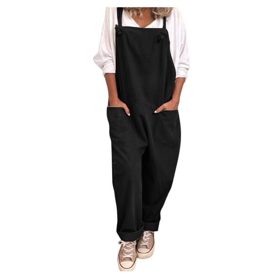 YHCY Womens Plus Size Bib Pants with Pockets Baggy Loose Fit Wide Leg Rompers Fall Fashion Sleeveless Jumpsuit Casual Soft Comfy Cozy Overalls Relaxed Harem Fit Lounge Outfits Black L