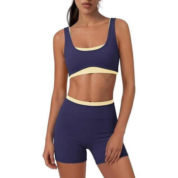 YHCY Womens Striped Workout Sets 2 Piece Double Layer Yoga Set Wide Strap Sports T Shirt Bra Elastic High Waisted Tummy Control Biker Shorts Stretchy Soft Lounge Athletic Sets Navy S