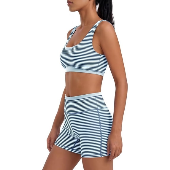 YHCY Womens Striped Workout Sets 2 Piece Double Layer Yoga Set Wide Strap Sports T Shirt Bra Elastic High Waisted Tummy Control Biker Shorts Stretchy Soft Lounge Athletic Sets Sky Blue Xl