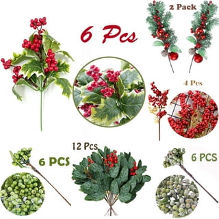 6 Pack Christmas Picks Artificial Red Berry Stems Fake Holly