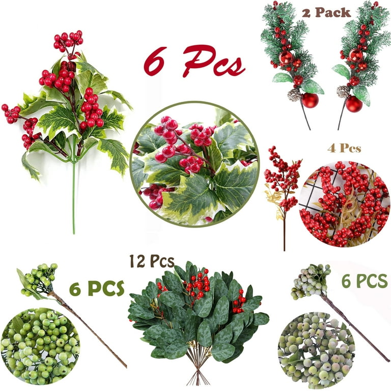 YHDSN 6 Pcs Artificial Holly Berries Christmas Red Rich Variegated Leaves  Mixed Bush Holiday Floral Picks Ornaments for Xmas Party Home Wedding  (Style