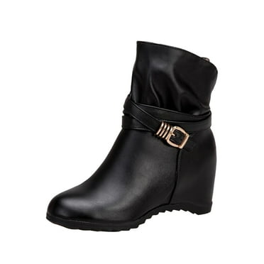 YHGFVOKJ Boots for Women Retro Classic Solid Color Leather Face Belt Zipper Block Heel Non Slip Fashion Inner Booties Shoes Heeled Boots for Women Black 41