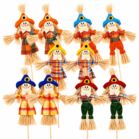 Yhh 10 Pack Halloween Scarecrow Picks with Natural Straw Material, Mini Fall Harvest Decorations for Garden Yard Porch Planter and Thanksgiving Decor