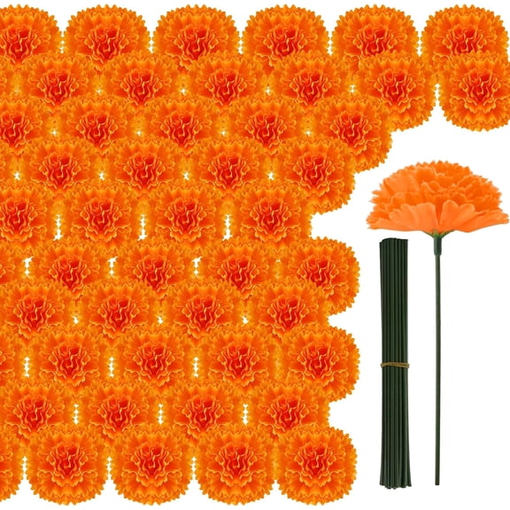 Yhh 100Pcs Artificial Marigold Flower Heads, Fabric Fake Flowers Bulk, Orange Marigold Floral Supplies for Day of the Dead Halloween Decorations