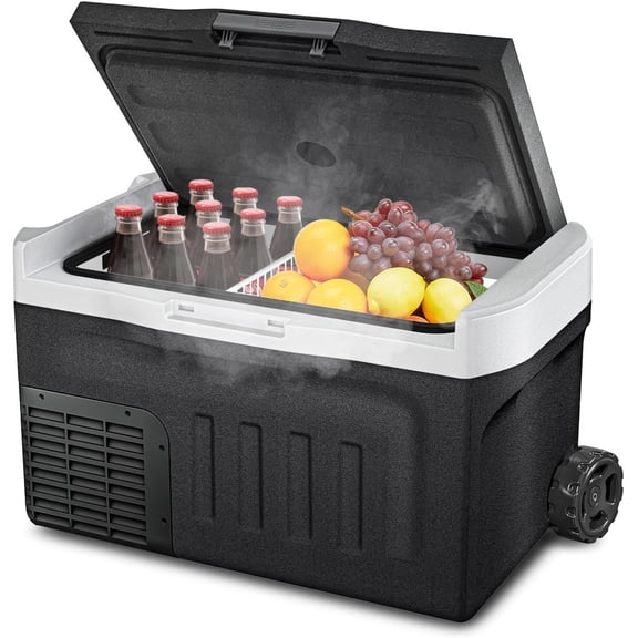 YHH 32QT(30L) 12 Volt Portable Refrigerator, Electric Cooler 12/24V DC & 110-240V AC, -4F~68F Dual Mode Portable Freezer, 12V Car Fridge with Pull Rod & Wheels for Camping Truck RV Boat