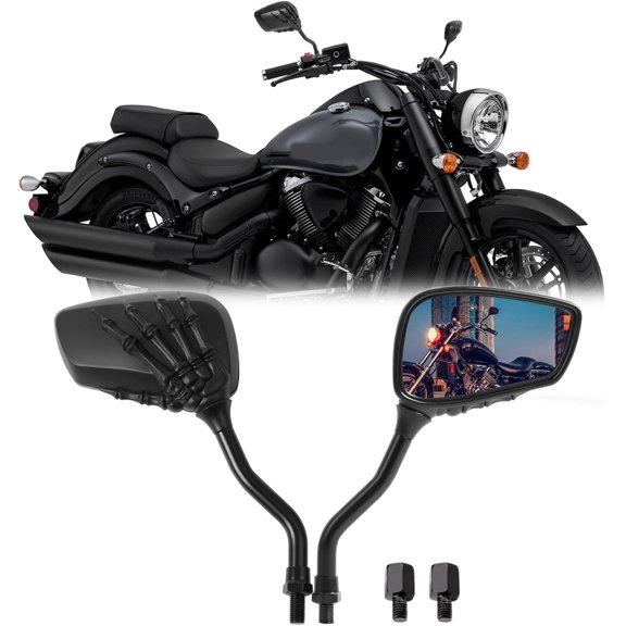 YHH Black 8/10mm Skull Skeleton Rearview Side Mirrors for Scooter/Chopper/Bobber
