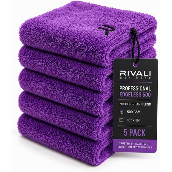 YHH Car Care Microfiber Towels 5-Pack 500GSM Edgeless Scratch-Free 16x16 Plush 70/30 Korean for Wax Removal Buffing