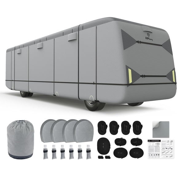YHH Class A RV Cover 34'1"-38'  Heavy Duty 7-Layer Top, w/4 Tire Covers, Windproof Rip-Stop Anti-UV, Light Gray