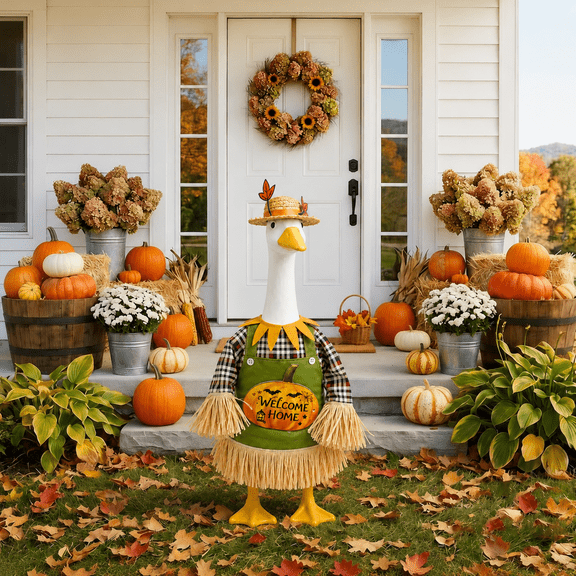 YHH Fall Scarecrow Porch Goose Outfit Set, Plaid Costume with Straw Hat and Pumpkin Sign for 23-Inch Goose Statue, Thanksgiving Outdoor Garden Decor
