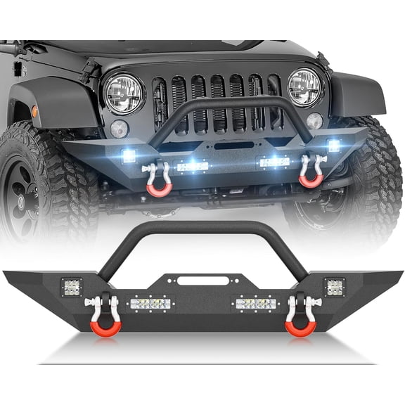 YHH Front Bumper for 2007-2026 Wrangler JK/JL & Gladiator JT w/ Winch Plate, Bull Bar, LED Lights, D-rings 2/4 Doors
