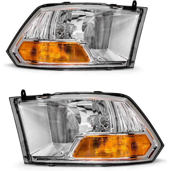 YHH Headlights for Dodge Ram 2009-2012 1500/2500/3500  Chrome Housing, Amber Reflector, Left+Right, Excl. Quad Models