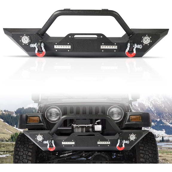 YHH Off Road Front Bumper for 2007-2018 Jeep Wrangler JK  Steel w/ Winch Plate, D-Rings, 4 Lights  Black Powder-Coated