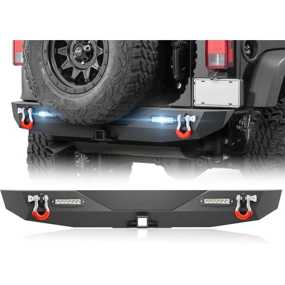 YHH Rear Bumper for 2007-2018 Jeep Wrangler JK/JKU 2/4 Doors  w/ 2" Hitch Receiver, D-Rings & LED Lights
