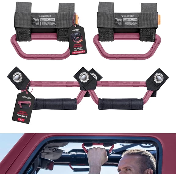 YHH Universal Grab Handle Combo (2+2 Pack, Burgundy) Foldable Roll Bar & Headrest Grip For Jeep Wrangler 1997-2023, UTV, ATV, Boat
