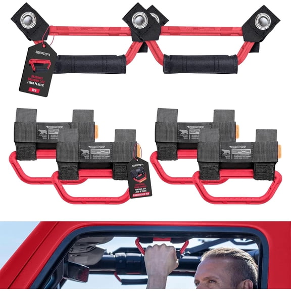 YHH Universal Grab Handle Combo (4+2pack, Red) Foldable Roll Bar & Headrest Grip For Jeep Wrangler 1997-2023, UTV, ATV, Boat