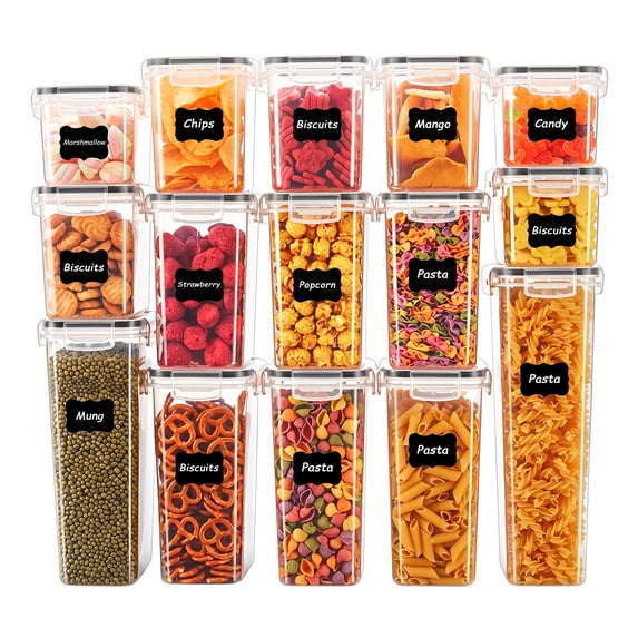 YHIPL 15 PCS Airtight Food Storage Containers with Lids, Kitchen Storage Container for Cereal, Dry Food, Flour and Sugar, BPA-Free, Includes 24 Labels