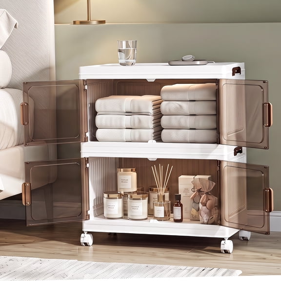 YHIPL 2 Tier Stackable Storage Bins with Lids & Magnetic Doors, 55 QT Foldable Storage Cabinet with Wheels, Transparent Plastic Storages Drawers for Bedrooms, Living Rooms, and Studies