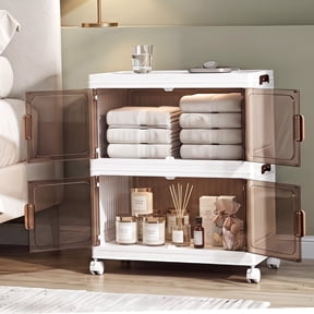 YHIPL Plastic Storage Cabinets 2-Tier Stackable, 55 QT Foldable Storage Unit with Wheels, Magnetic Doors & Transparent Drawers, for Bedroom, Living Room & Study